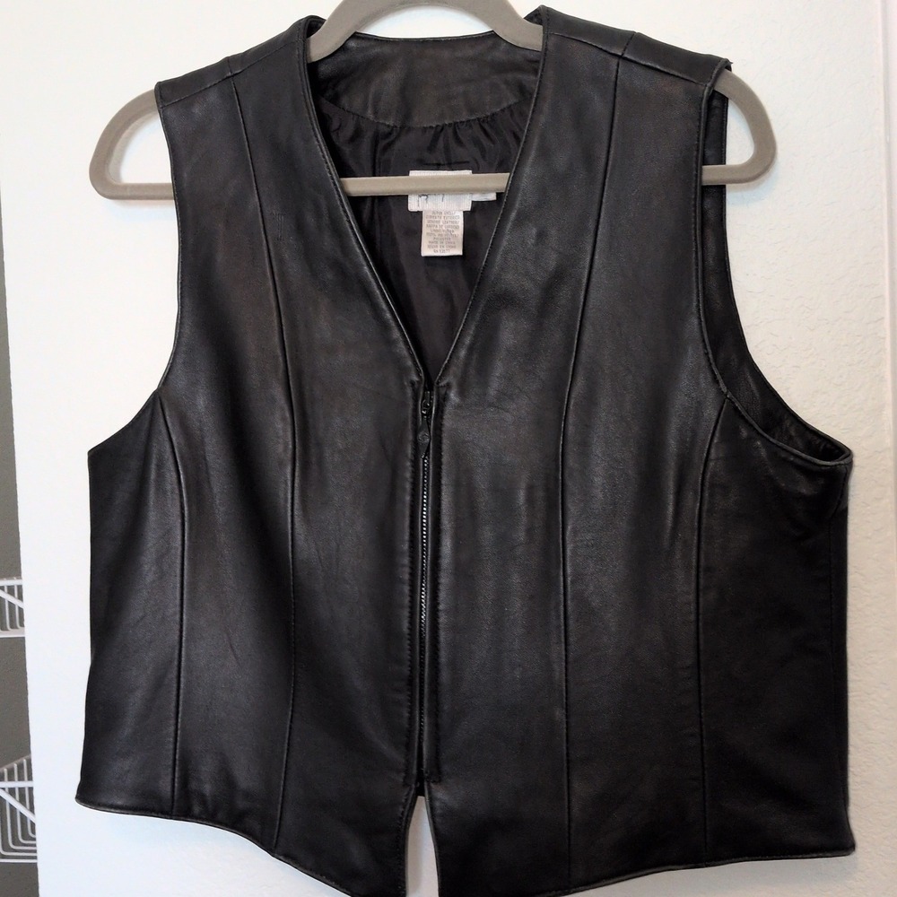 Jacqueline Ferrar Leather Vest Women's Size 12 Black Full Zip Biker Edgy Goth